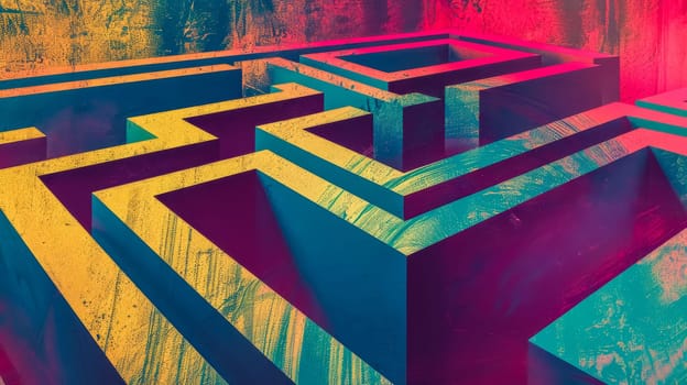 Abstract image of a colorful labyrinth with grunge texture, representing the concept of challenge, problem solving, and finding the right path