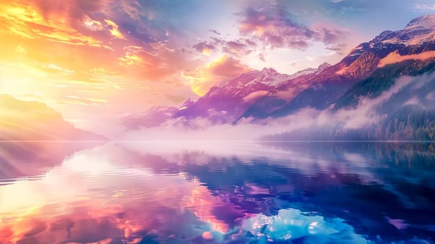 The setting sun is casting warm light over a mountain range with a serene lake reflecting the colorful sky. Mist is rising from the water surface