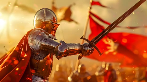 Medieval knight in shining armor is raising his sword with determination and courage, surrounded by the chaos of a fiery battle