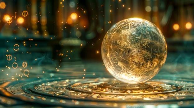 Glowing crystal ball on an ornate pedestal in a dark, mysterious setting evokes magic and hidden knowledge
