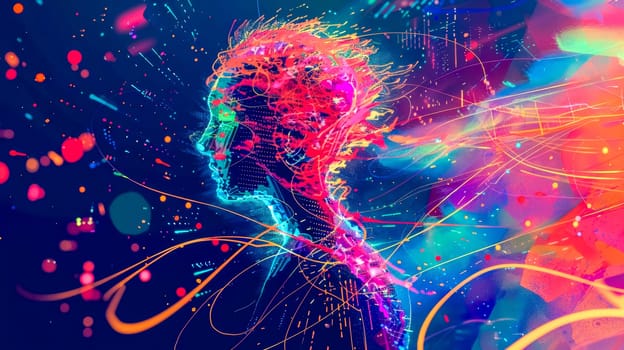 Colorful abstract design of a human face dissolving into particles and lines, symbolizing concepts like artificial intelligence, consciousness, and the digital world