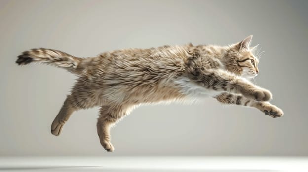 Striped tabby cat is gracefully jumping through the air with its legs outstretched and tail straight. The background is completely white