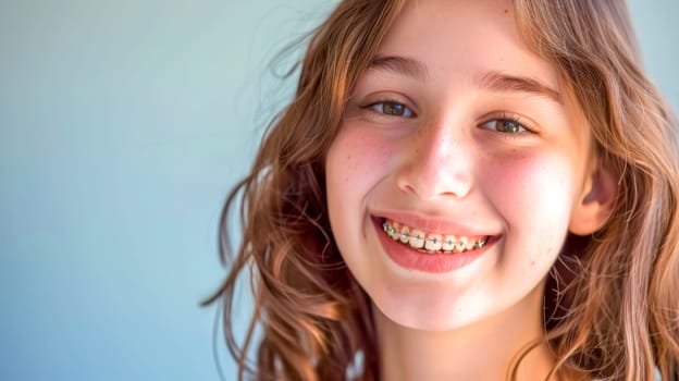 Smiling teenage girl with braces and freckles exudes happiness and confidence, gazing directly at the camera with vitality and freshness