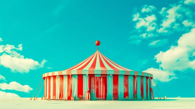 Large red and white circus tent stands on a vast, empty plain with a bright blue sky and fluffy white clouds. Perfect for projects related to entertainment, the circus, or summer fun