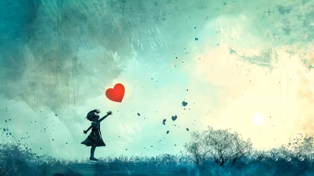 Girl releasing a heart balloon in a serene sky, evoking love, hope, and freedom. Vintage colors blend harmoniously, radiating peace and happiness