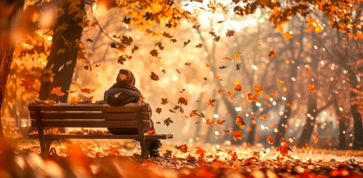 Woman is taking in the beautiful autumn scenery while sitting on a bench in a park, with colorful leaves falling around her