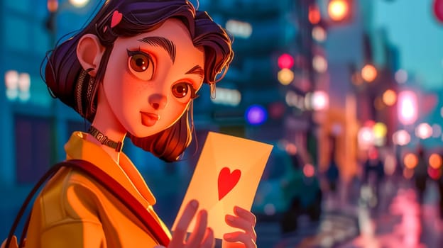 3d illustration of a young woman holding a love letter with a red heart on it, standing on a blurred city street at night