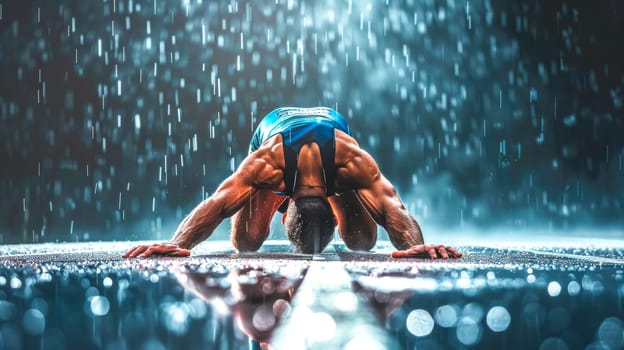 Male athlete is kneeling with his head down on a wet running track under heavy rain, emphasizing the concepts of determination, strength and perseverance