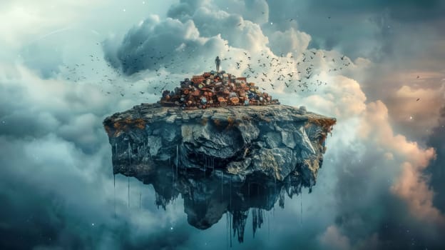 Man stands on a floating rock island covered with luggage, gazing up at birds soaring through a cloudy sky. This surreal image evokes themes of travel, adventure, and the unknown