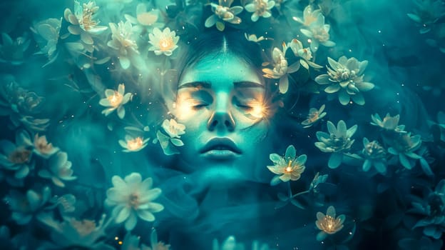 Stunning woman surrounded by white flowers, eyes closed in a dreamy state with glowing makeup, set in a magical blue-green background, creating a tranquil and serene underwater world