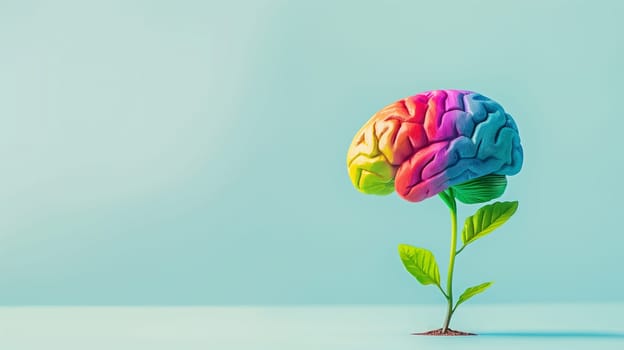 Rainbow brain growing from a sprout, planting an idea to the mind, mental health, personal growth and development, creative positive thinking