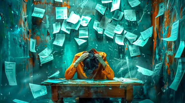Overwhelmed businessman in chaotic office, stressed by paperwork, feeling tired, anxious, and frustrated, conveying burnout and work-related stress impact on mental health