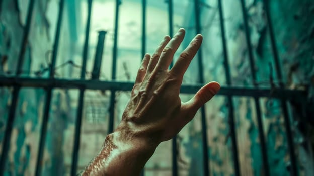 Prisoner reaches through iron bars, longing for freedom and redemption, symbolizing the harsh reality of captivity and hope in despair