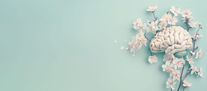 Human brain tree with flowers, pure clear thoughts, self esteem, positive attitude, creative mind, mental health concept