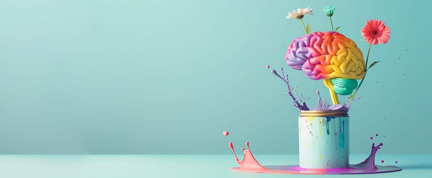 Human brain, rainbow color splash from a paint can, flowers growing from mind, mental health concept, positive optimism thinking, creative idea