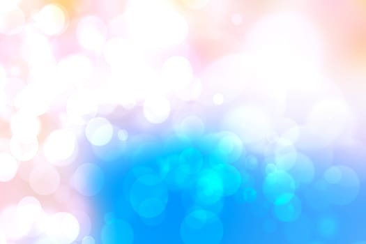 Abstract blurred fresh vivid spring summer light delicate blue yellow white bokeh background texture with bright circular soft color lights. Beautiful backdrop illustration. Space.