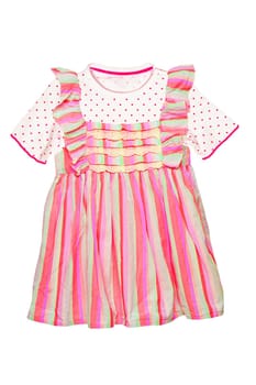 Summer dress isolated. Closeup of a beautiful colorful baby girl dress and a white shirt with dots isolated on a white background. Children spring fashion.