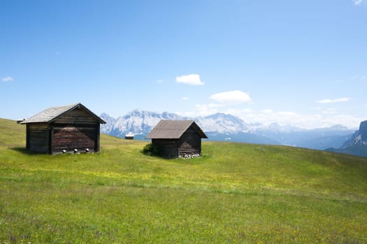 Mountain shelters view, italian dolomites. Sass de Putia area