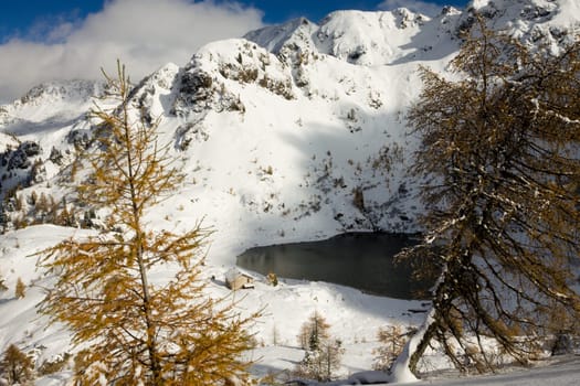Beautiful small alpine lake in winter season landscape. Erdemolo lake