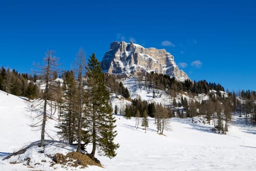 Pelmo mount view in Alleghe area, Italian alps. Winter panorama