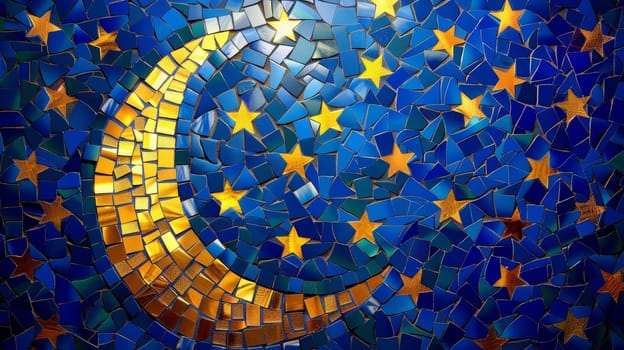Golden Mosaic Crescent Moon and Stars on Blue Tile Background. Islamic Art and Design