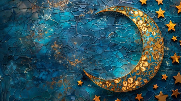 Golden crescent moon and stars on a textured blue background. Ramadan Kareem greeting card, Islamic decoration.