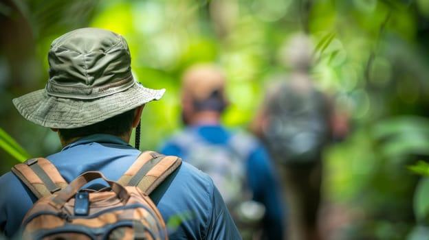 Group of hikers exploring lush green rainforest, adventure tourism and ecotourism concept