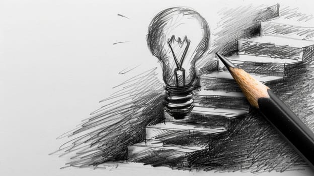 Pencil drawing of stairs leading to a lit lightbulb, symbolizing the path to a bright idea, innovation, and success.