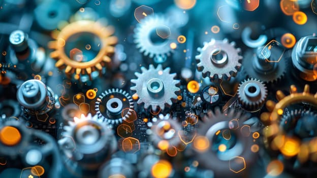 Interconnected gears working together, symbolizing teamwork, engineering, and industry.