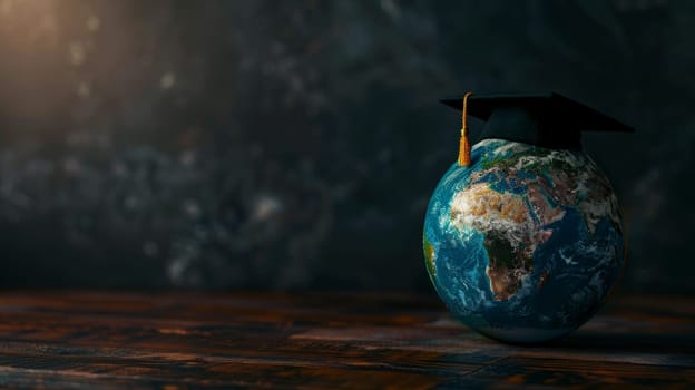 Global Education Concept. Earth with Graduation Cap, Symbolizing Worldwide Learning and Knowledge