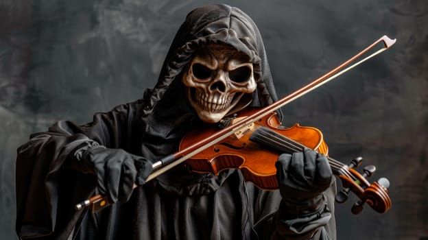 Skeleton in black cloak playing a violin, surrounded by dark, smoky background. Concept of Halloween, death, darkness, gothic, and spooky music.