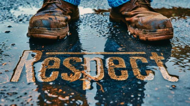 Close up of work boots standing over the word Respect reflecting in a puddle. Concepts of work ethic, dignity, human rights.