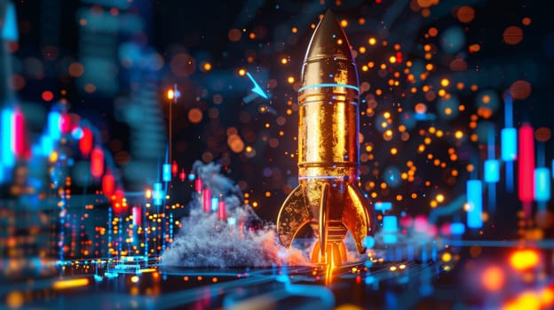 Golden Rocket Launching with Stock Market Data. Business Success and Investment Growth Concept