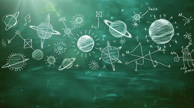 Chalkboard with drawings of planets, stars, and an astronaut, representing education, astronomy, and space exploration.