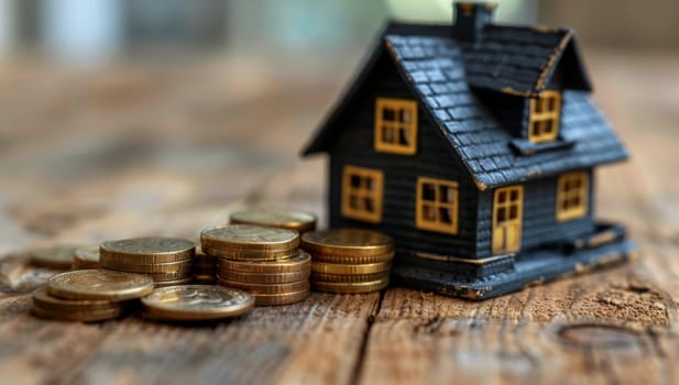 Model house with stack of coins, concept of real estate investment, property mortgage, home loan, saving for house,  housing market