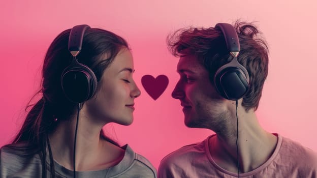 Romantic Couple Sharing Headphones. Enjoying Music and Love