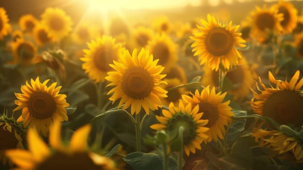 Golden Hour in a Sunflower Field.  Sun Beams over Vibrant Yellow Flowers