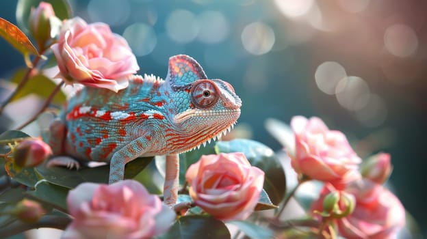 Colorful chameleon camouflaged on pink roses, blending with nature. Concept of wildlife, exotic pets, beauty, camouflage.