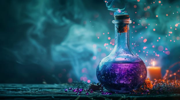 Magic Potion in a Glass Bottle with Glowing Smoke and Sparkling Particles, Concept of Fantasy, Alchemy, and Witchcraft