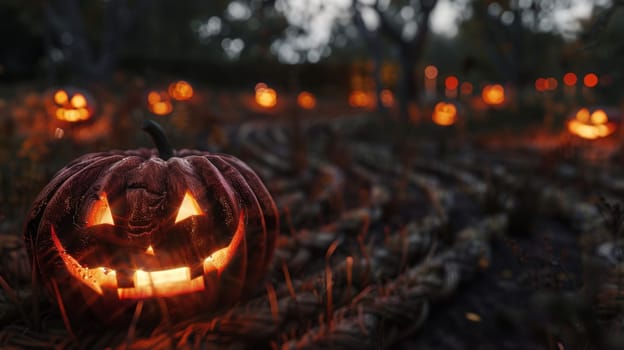 Spooky Halloween Pumpkins glowing in the dark at night