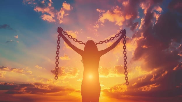 Silhouette of a woman breaking free from chains at sunset. Concepts. freedom, liberation, empowerment, hope, courage, strength, resilience, overcoming, victory, inspiration.