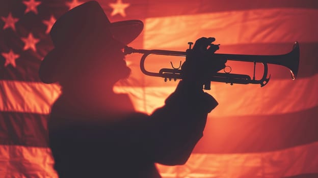Silhouette of a Soldier Playing Trumpet Against American Flag. Honoring Veterans and Patriotism