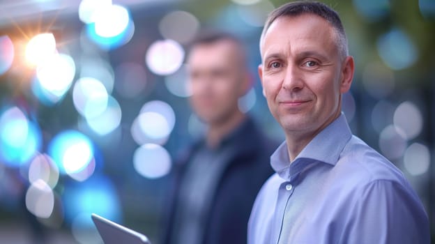 Confident mature businessman with laptop standing in modern office with colleague in background. Concept of leadership, teamwork, success, technology, and corporate life.