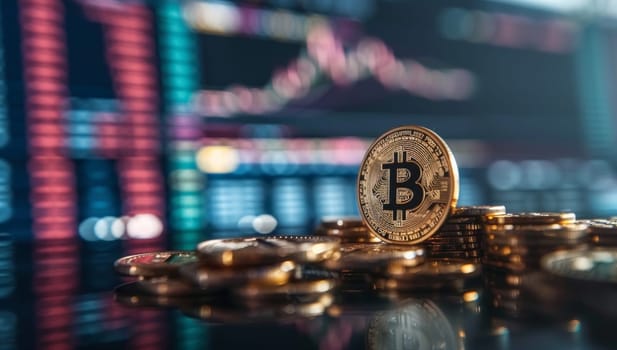Bitcoin Cryptocurrency Stack with Stock Market Chart on Background, Concept of Digital Currency, Investment, and Finance