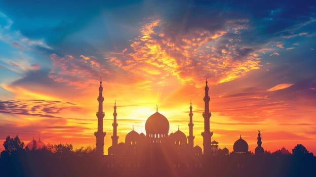 Grand Mosque Silhouette Against a Vibrant Sunset. Islamic Architecture and Faith
