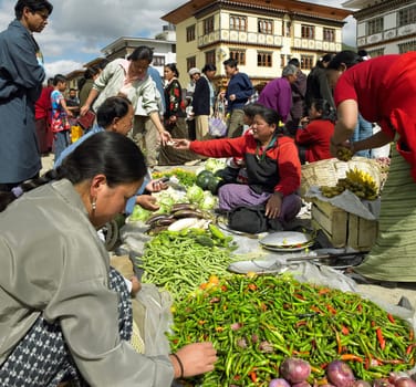 Market stalls at Paro food market in the Kingdom of Bhutan.