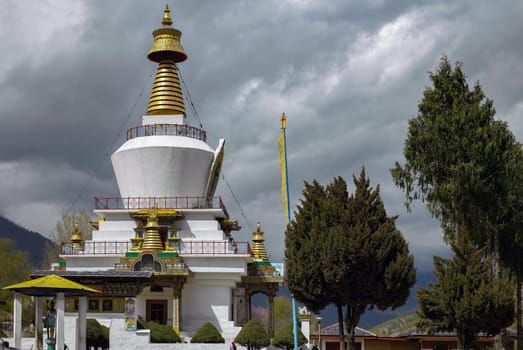 National Memorial Chorten in Thimphu in the Kingdom of Bhutan (also known as the Kings Chorten or Thimphu Chorten). The Stupa, built in 1974 to honor the third Druk Gyalpo, Jigme Dorji Wangchuck (1928–1972), is a prominent landmark in the city.