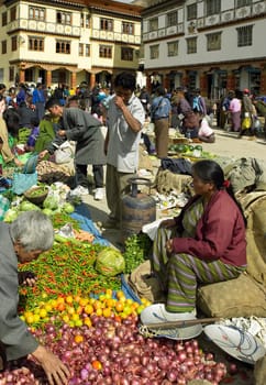 Bhutanese people at Paro food market in the Kingdom of Bhutan.
