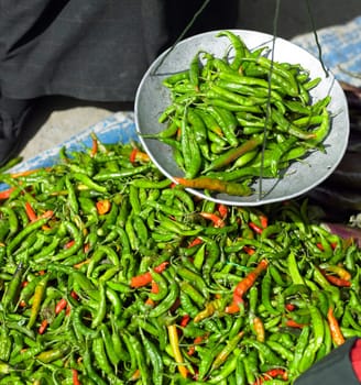 Chili on a market stall at Paro food market in the Kingdom of Bhutan.