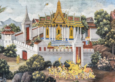Bngkok, Thailand - December 29, 2017: Ancient Thai mural painting of Ramakien epic inside of Wat Phra Kaew in Bangkok, Thailand.Ramakien is national epic of Thailand derived from Hindu Ramayana epic.